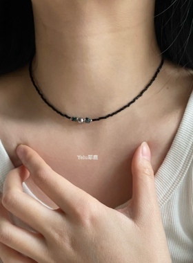 Yelu原创捷克珠米珠虎眼石颈饰黑色小众复古风经典百搭串珠项链
