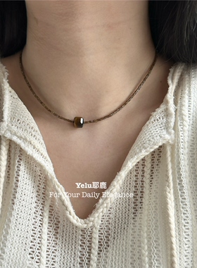 Yelu原创捷克珠天然虎眼石方块项链女复古串珠气质颈链棕色锁骨链