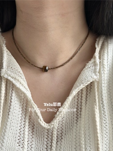 Yelu原创捷克珠天然虎眼石方块项链女复古串珠气质颈链棕色锁骨链