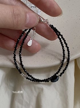 Yelu原创黑尖晶s925银小众复古简约百搭串珠细链双层叠戴手链女