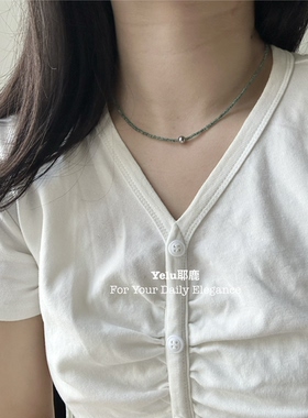 Yelu御幸捷克珠钛钢串珠项链女ins风蓝绿色简约复古百搭锁骨链