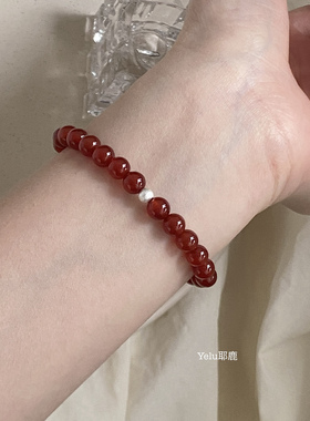 Yelu天然红玛瑙复古手串s925银珠红色玛瑙日常通勤简约串珠手链