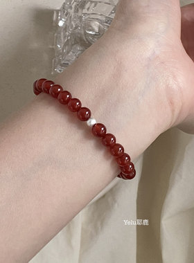 Yelu天然红玛瑙复古手串s925银珠红色玛瑙日常通勤简约串珠手链