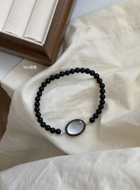 Yelu原创天然黑玛瑙深海贝s925银手链简约气质小众黑色系百搭手串