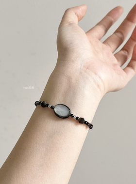 Yelu原创设计天然黑贝小众轻复古黑尖晶微闪串珠简约百搭手链饰品
