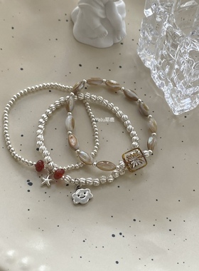 Yelu原创设计「银纱杏语」天然企鹅贝S925银捷克珠复古串珠手链女