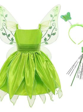 小女孩儿童节新款绿色小精灵连衣裙公主蒂安娜小叮当女宝宝演出服