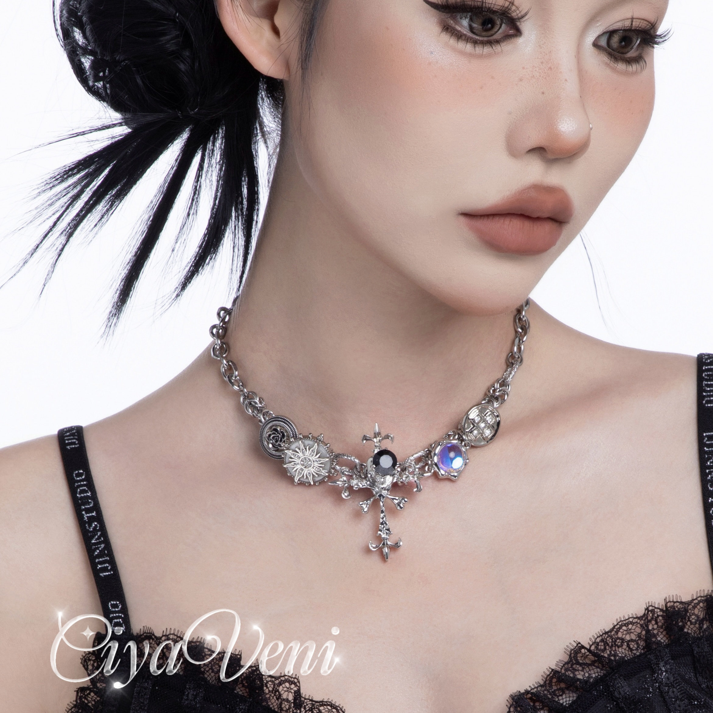 CIYAVENI海盗系列 中世纪蒸汽朋克骷髅镶钻十字架复古锁骨链项链