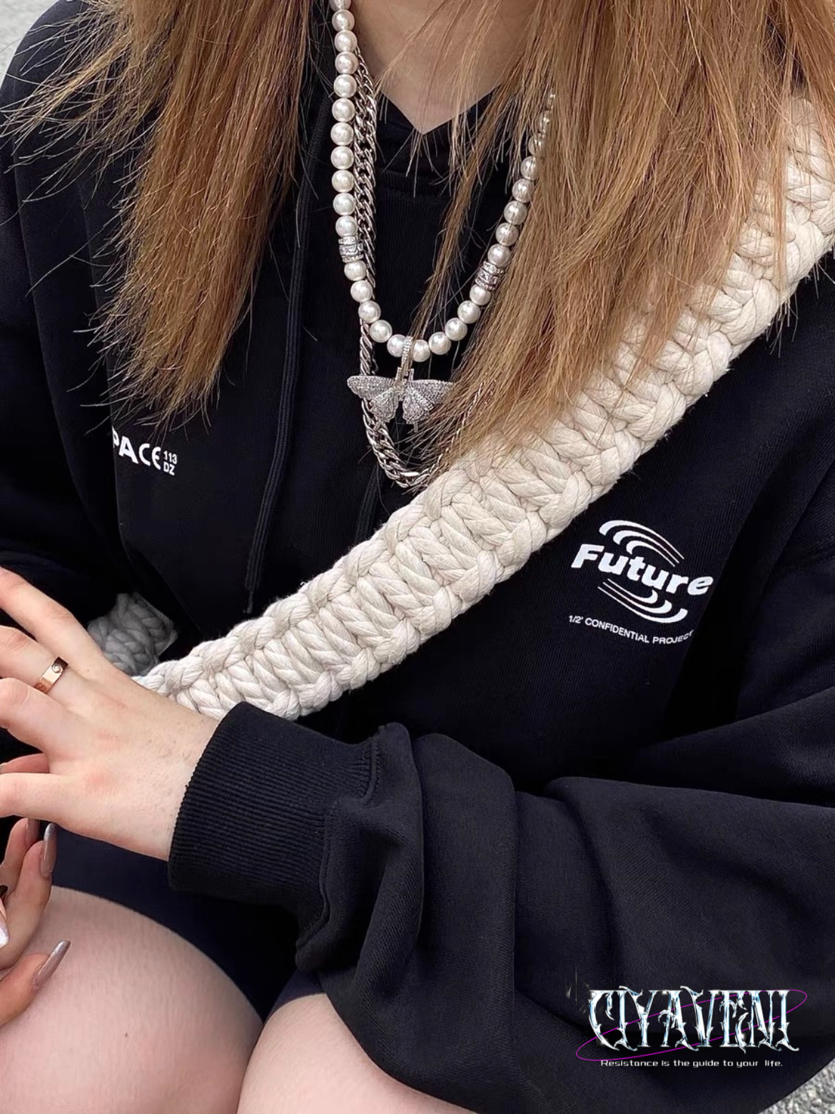 CIYAVENI镶钻蝴蝶珍珠双层项链