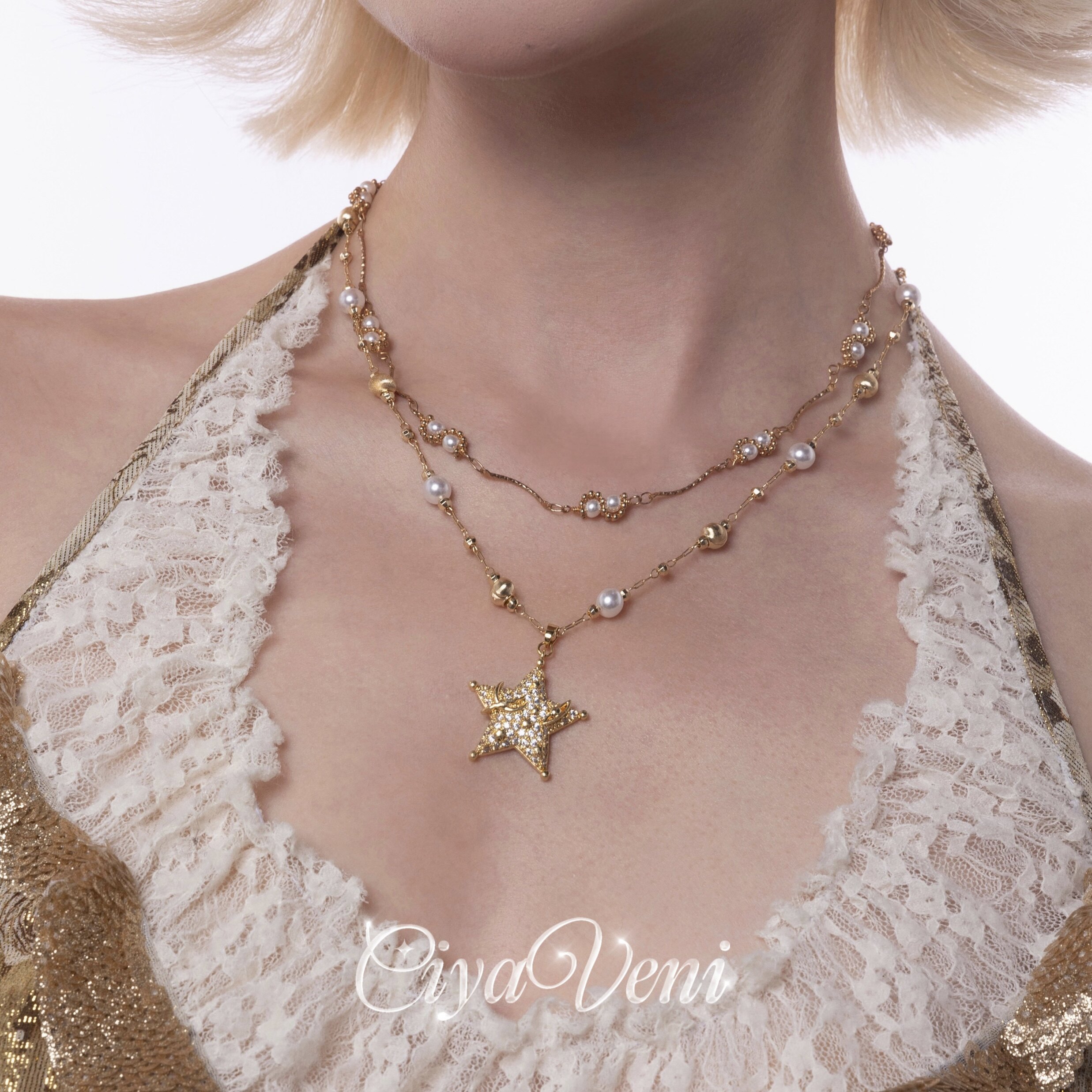 CIYAVENI原创设计中世纪复古巴洛克镶钻星星珍珠锁骨链项链轻奢
