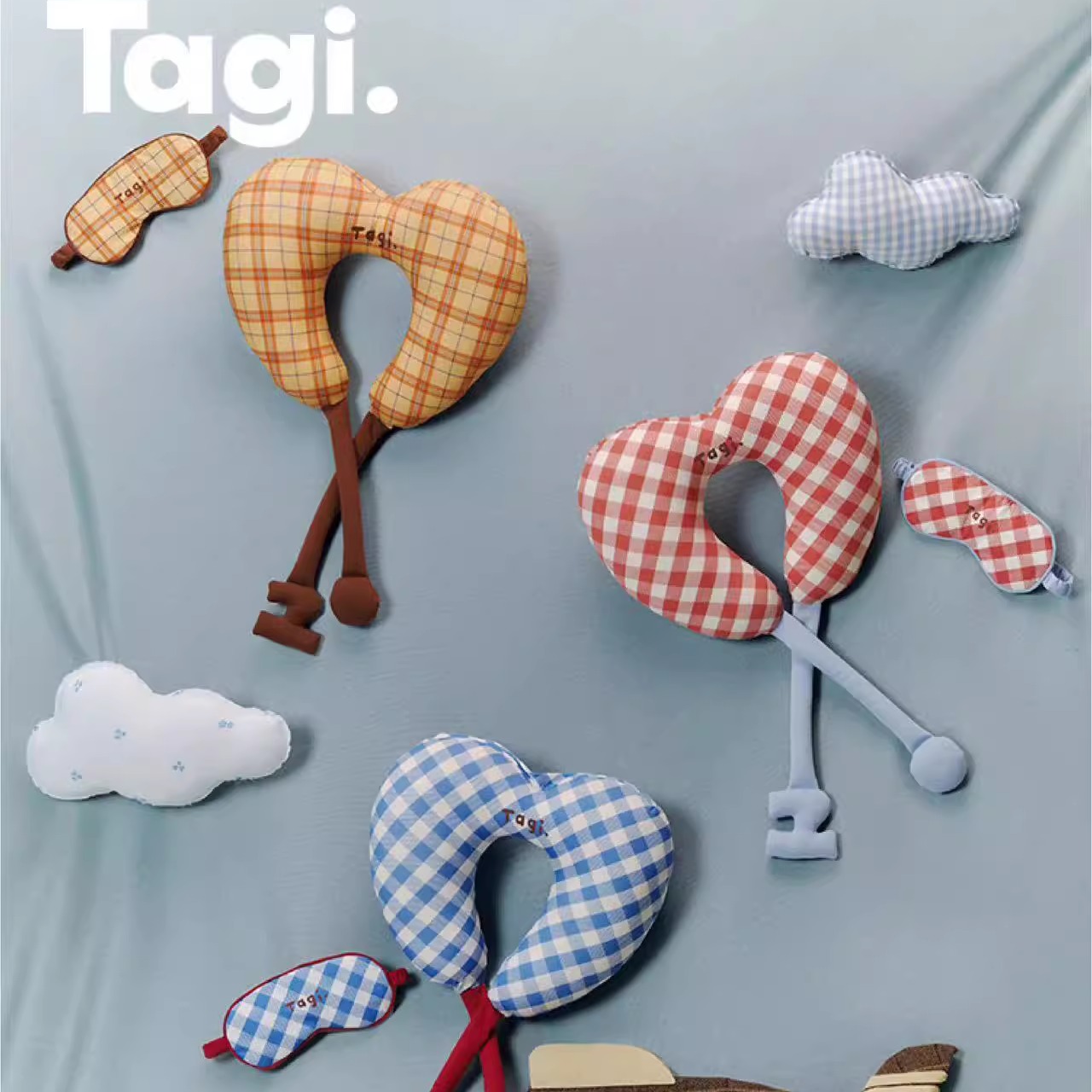Tagi.怦怦爱心格纹可爱颈枕U型枕