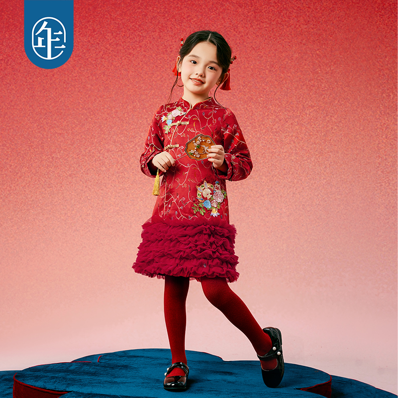 年衣童装女童改良旗袍连衣裙冬款儿童演出服礼服甜美新中式连衣裙