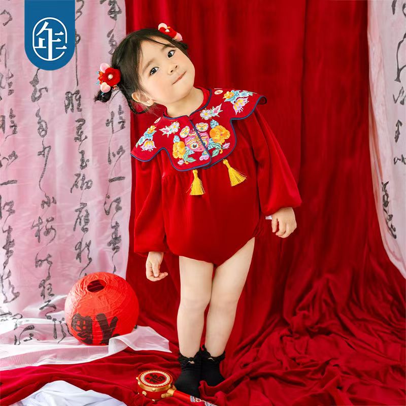 年衣婴儿连体衣周岁礼服春秋新生儿满月中国风爬爬服宝宝长袖哈衣