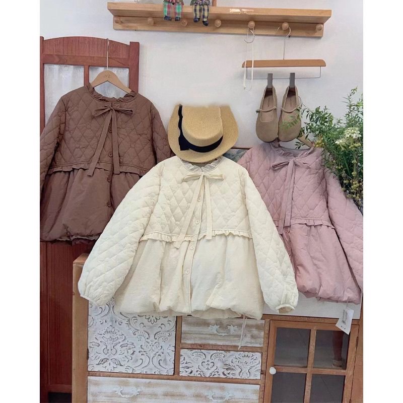 【丝绵】花边圆领长袖甜美棉服外套森系拼接木耳边系带冬季棉衣女