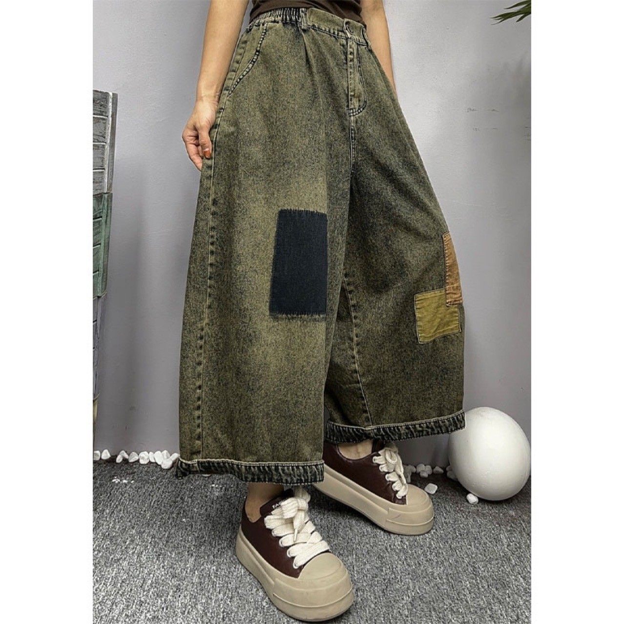 宽松软裤新款牛仔裤秋复古松紧九分文艺女腰炒色贴布显瘦2025,女装/女士精品,牛仔裤,淘宝优惠券,粉丝福利购,淘宝优惠卷