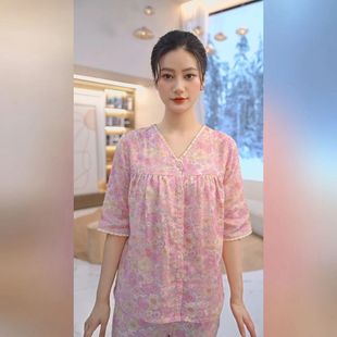 奢华高档纯棉中袖 睡衣女士夏天薄款 新款 长裤 可外穿韩版 家居服套装