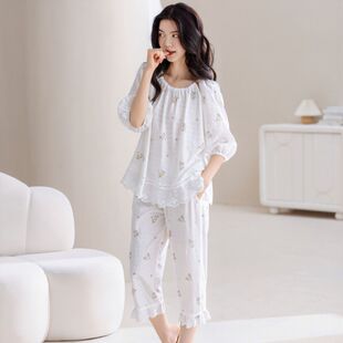 简约高级感带胸垫半袖长裤睡衣女夏季新款韩版气质纯棉家居服套装