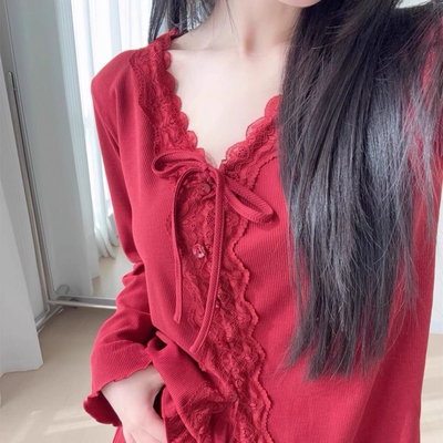 简约高级感本命年新年红结婚新婚喜庆蕾丝边长袖睡衣女套装可外穿