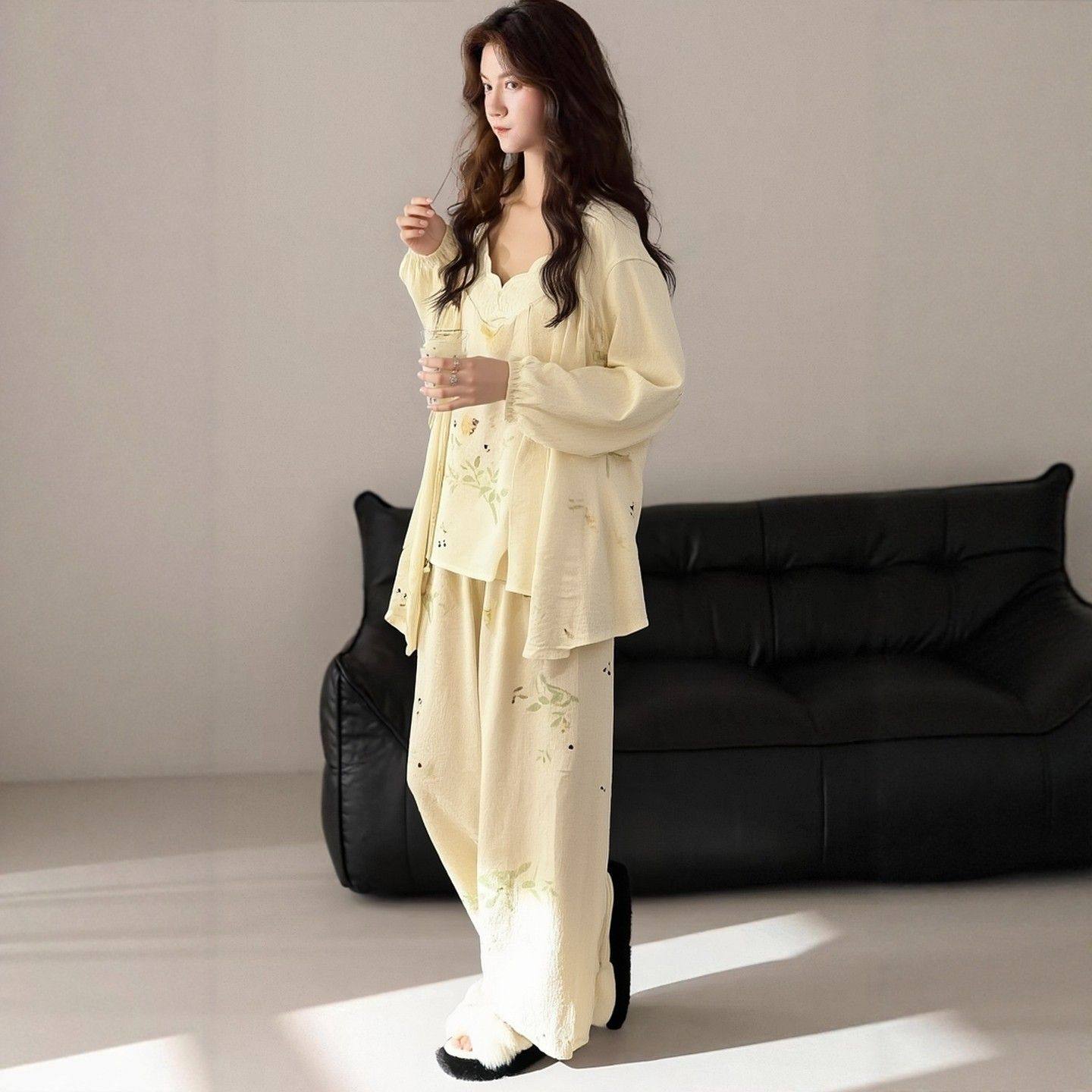 花边三件套睡衣女春秋夏季纯棉纱布薄款长袖吊带长裤家居服套装