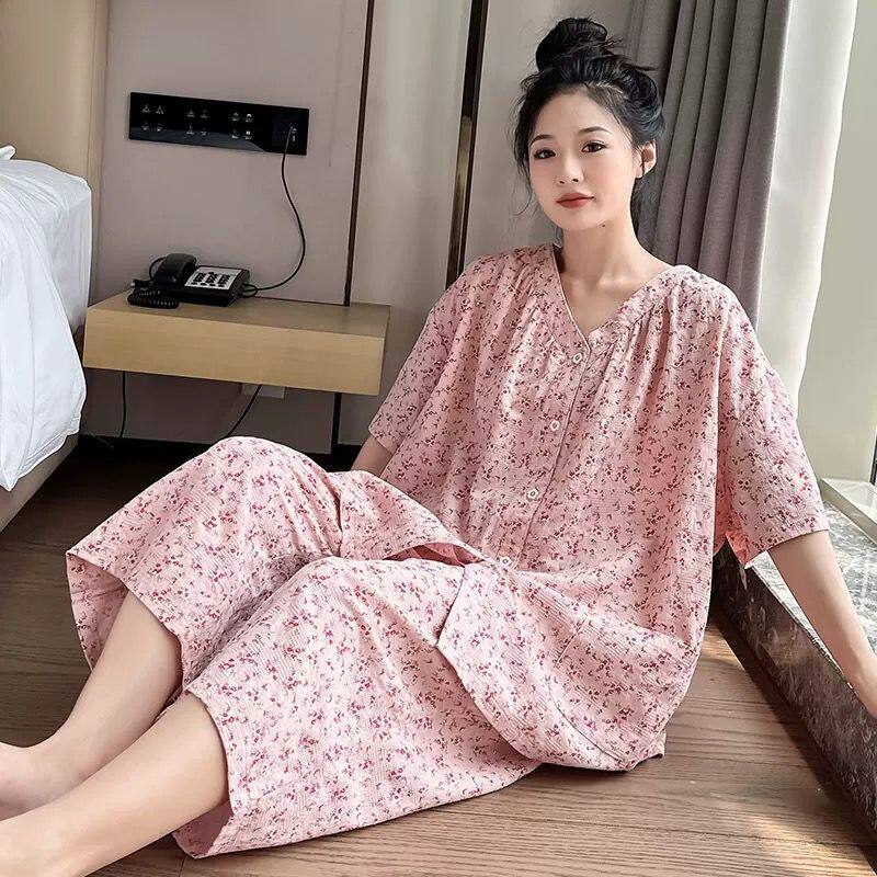 甜美复古纯棉碎花短袖七分裤睡衣睡衣/家居服套装