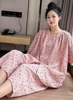 甜美复古纯棉碎花短袖七分裤睡衣女士夏季薄款宽松大码胖MM家居服