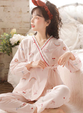100%纯棉睡衣春夏V领和服睡衣女士睡衣春秋长袖月子服家居服套装