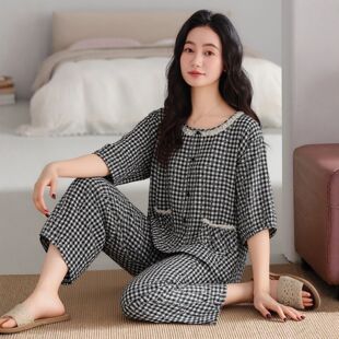女士简约高级感黑色圆领格子开衫纯棉七分袖睡衣轻奢风家居服套装