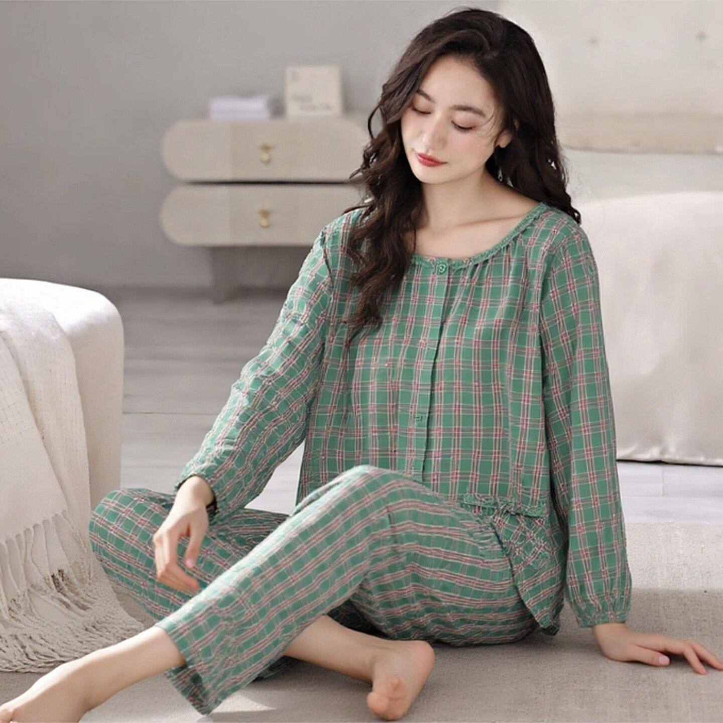 睡衣女士春秋新款圆领格子开衫纯棉长袖长裤秋天薄款高级感家居服