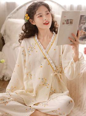日系甜美纯棉睡衣春夏V领和服睡衣女士春秋长袖月子服家居服套装