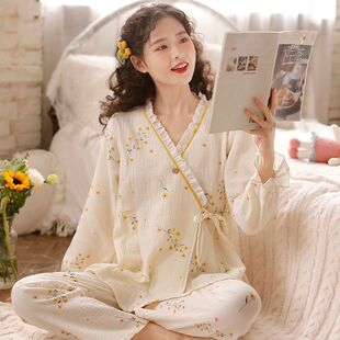 日系甜美纯棉睡衣春夏V领和服睡衣女士春秋长袖月子服家居服套装