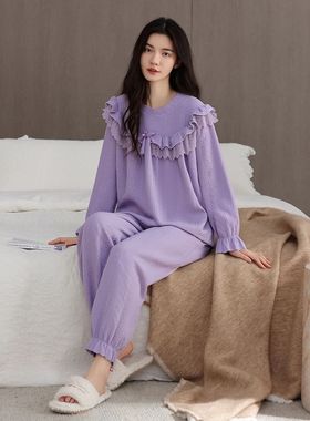 紫色海岛绒加绒加厚法式花边长袖睡衣女士冬天新款保暖厚款家居服