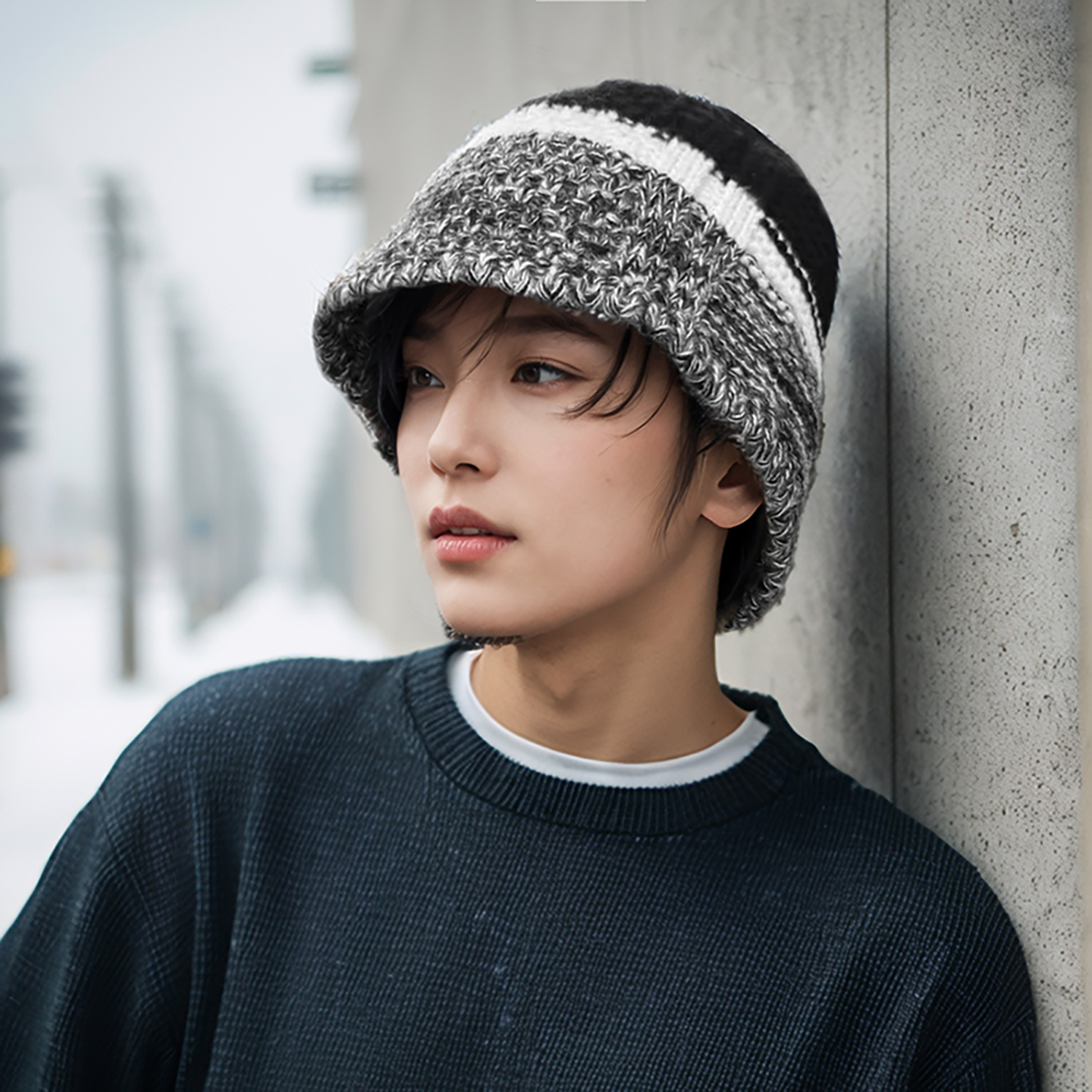 帽子男毛线帽新款韩版潮拼色针织渔夫帽男秋冬保暖百搭时尚套头帽