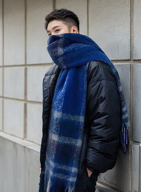 韩版蓝色格子围巾男冬季保暖百搭流苏披肩围脖加厚潮流高级感男款
