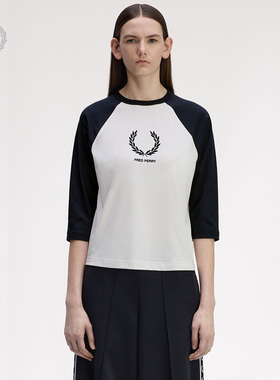 FRED PERRY女士休闲T恤2025冬季拼色插肩五分袖字母麦穗印花G1147