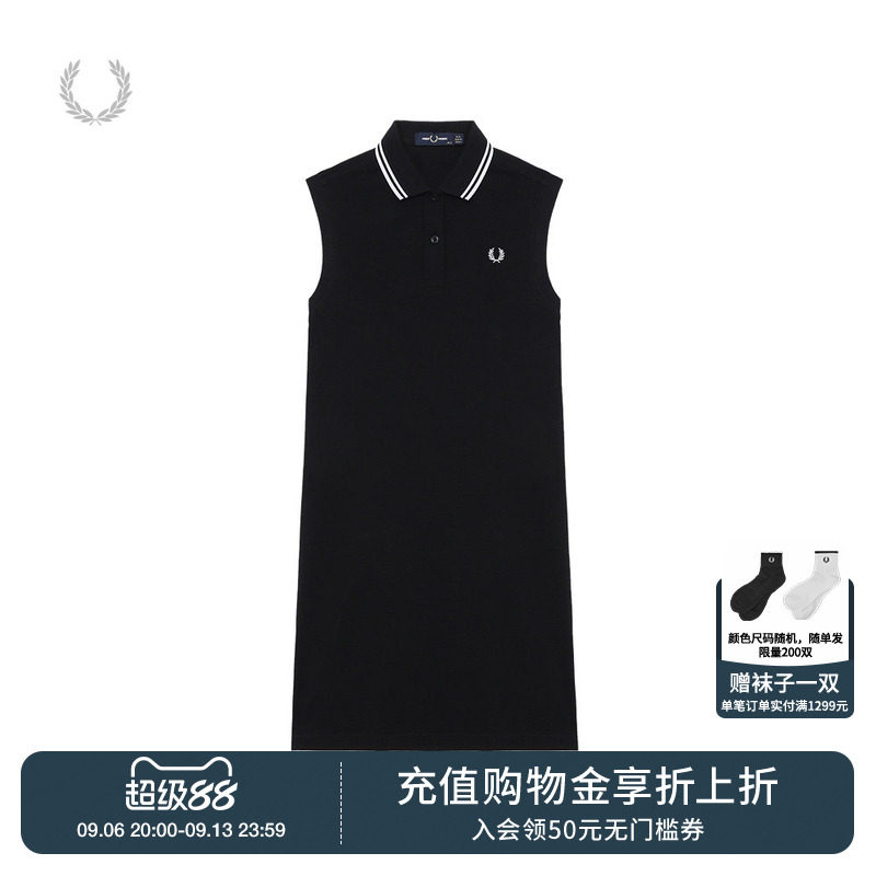 FRED PERRY休闲连衣裙女夏季条纹POLO领修身麦穗无袖裙D7200图片