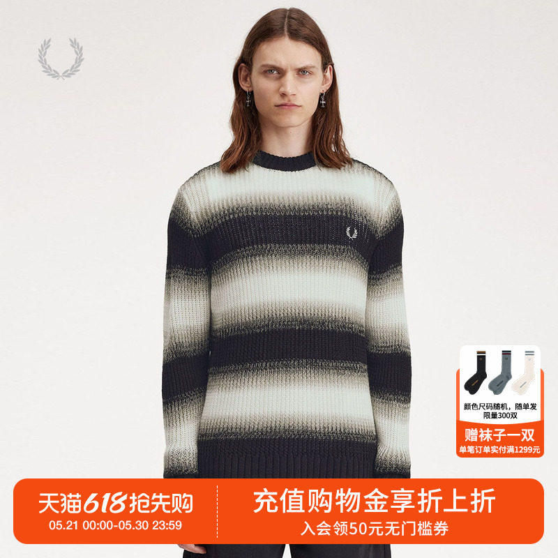 FRED PERRY男士针织衫夏季新款休闲拼色条纹长袖羊毛衫K7612