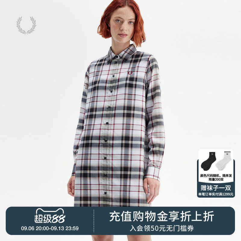 FRED PERRY连衣裙夏季休闲开衫翻领麦穗刺绣长袖衬衫裙D9173图片