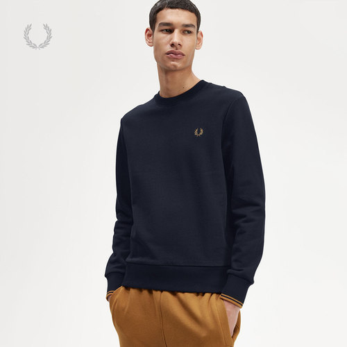 FRED PERRY男士休闲卫衣冬季条纹袖边圆领重磅麦穗刺绣M7535