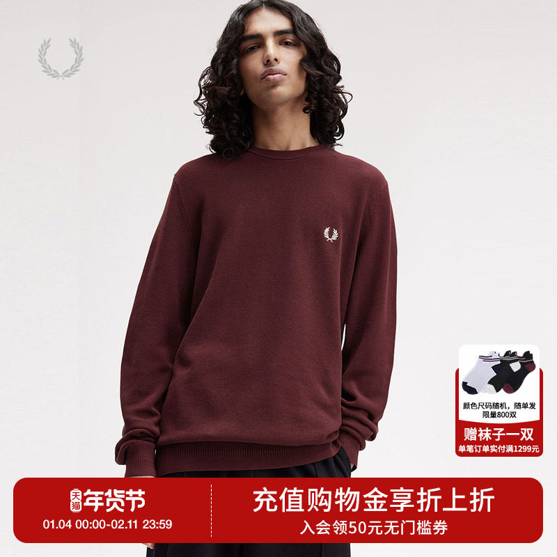 FRED PERRY男士休闲针织衫2025冬季宽松圆领套头麦穗刺绣潮K1309