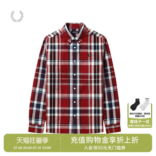 FRED PERRY男士长袖衬衫夏季商务休闲尖领格子麦穗衬衣M9625