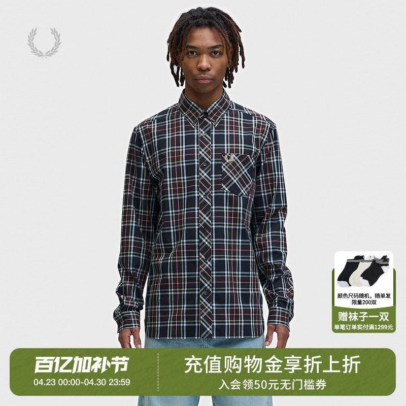 FRED PERRY男装长袖格纹衬衫2026夏季新款复古英伦风翻领格子上衣