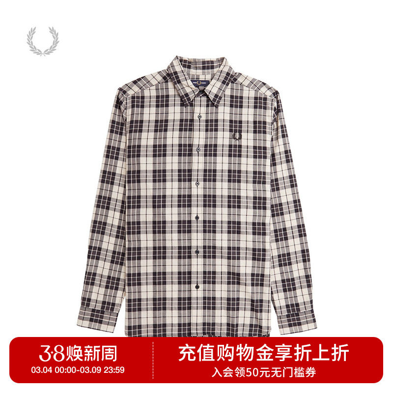 FRED PERRY男士休闲衬衫冬季新款宽松格子长袖麦穗刺绣衬衣M8506