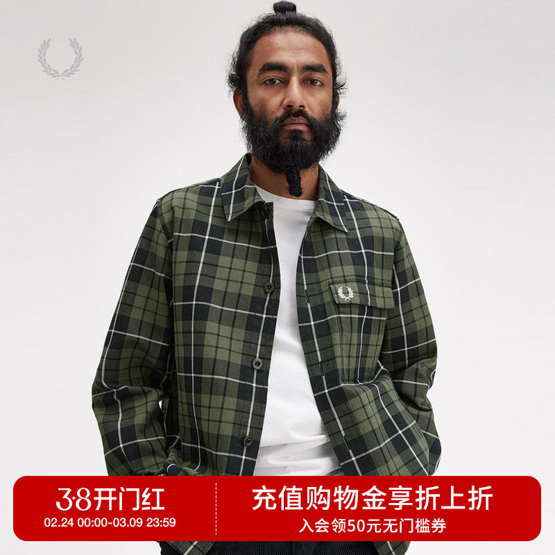 FRED PERRY男士长袖衬衫冬季英伦商务宽松休闲格子麦穗刺绣M8515