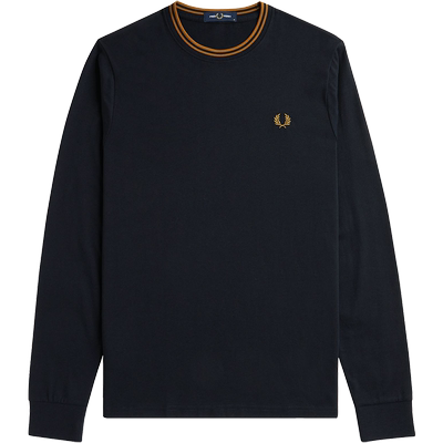 FRED PERRY男士休闲T恤冬季长袖条纹圆领宽松麦穗刺绣上衣潮M9602