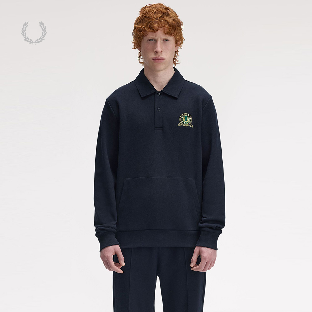 FRED PERRY男士休闲卫衣2025秋冬翻领半开襟袋鼠兜麦穗刺绣M1382