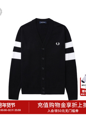 FRED PERRY男士休闲针织衫冬季条纹V领开衫麦穗羊毛衫潮K5534
