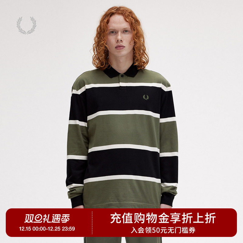 FRED PERRY男士休闲POLO衫冬季英伦宽松撞色条纹麦穗长袖潮M8519