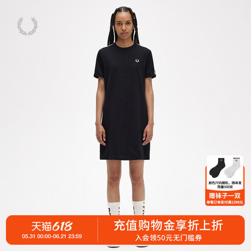 FRED PERRY连衣裙女夏季新款休闲圆领短袖串标麦穗刺绣裙子D4155
