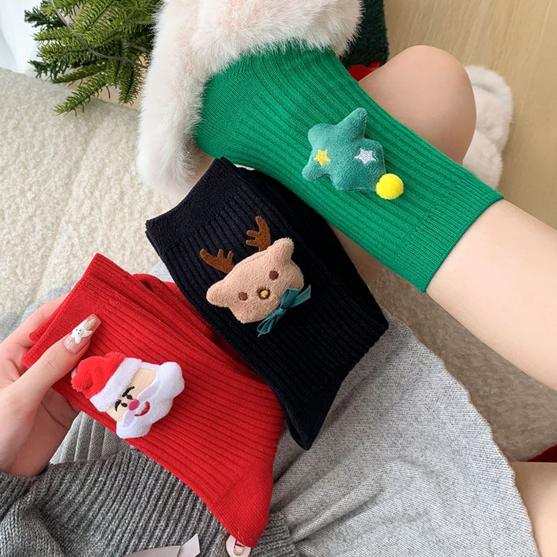 圣诞袜子女中筒秋冬纯棉可爱卡通高腰堆堆袜新年红本命年高帮长袜