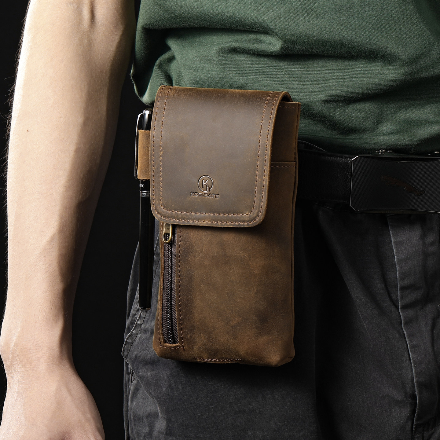 KOSIBATE牛皮手机包男复古质感真皮腰包穿皮带多功能便捷随身挂包